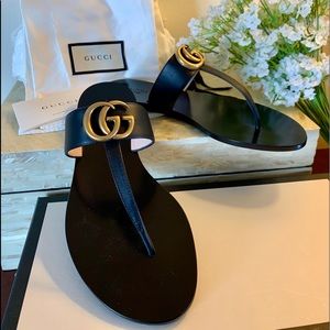 Gucci Marmont Leather Thong Sandals Double G 37